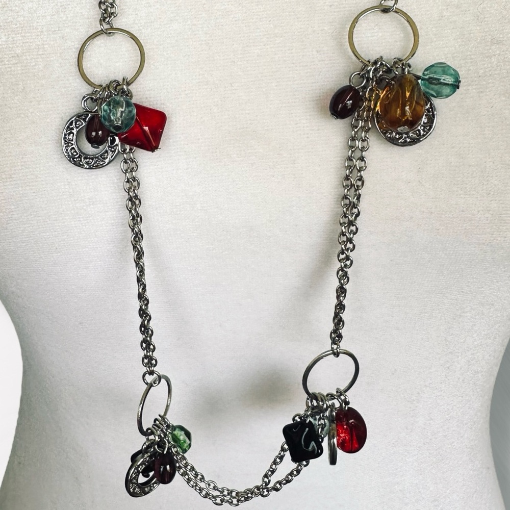 Chico's Red, Green, Purple and Silver Tone Necklace with Glass Beads and Charms - Picture 3 of 6